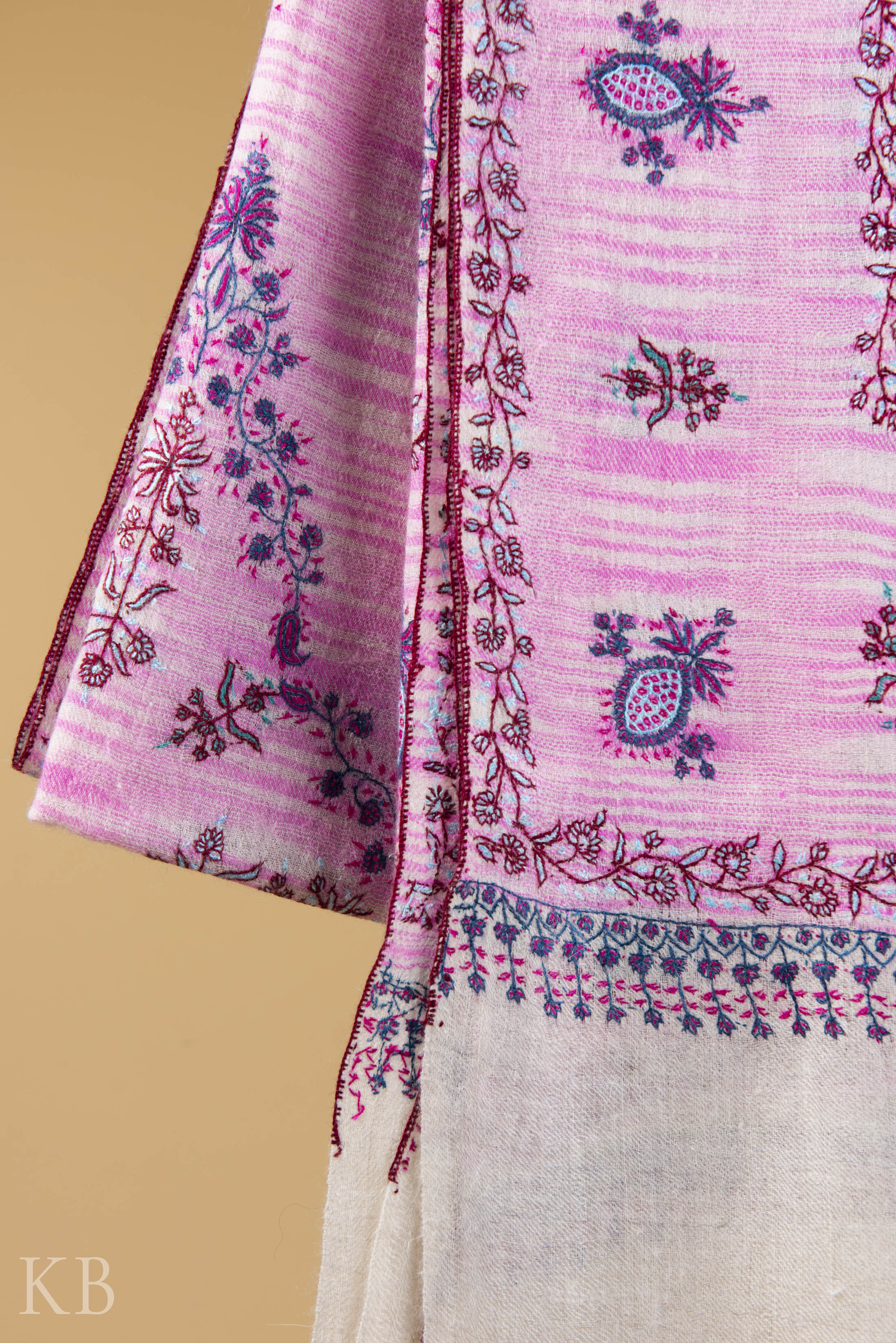 Pink And White Modern Design Embroidered Pashmina Stole - Kashmir Box