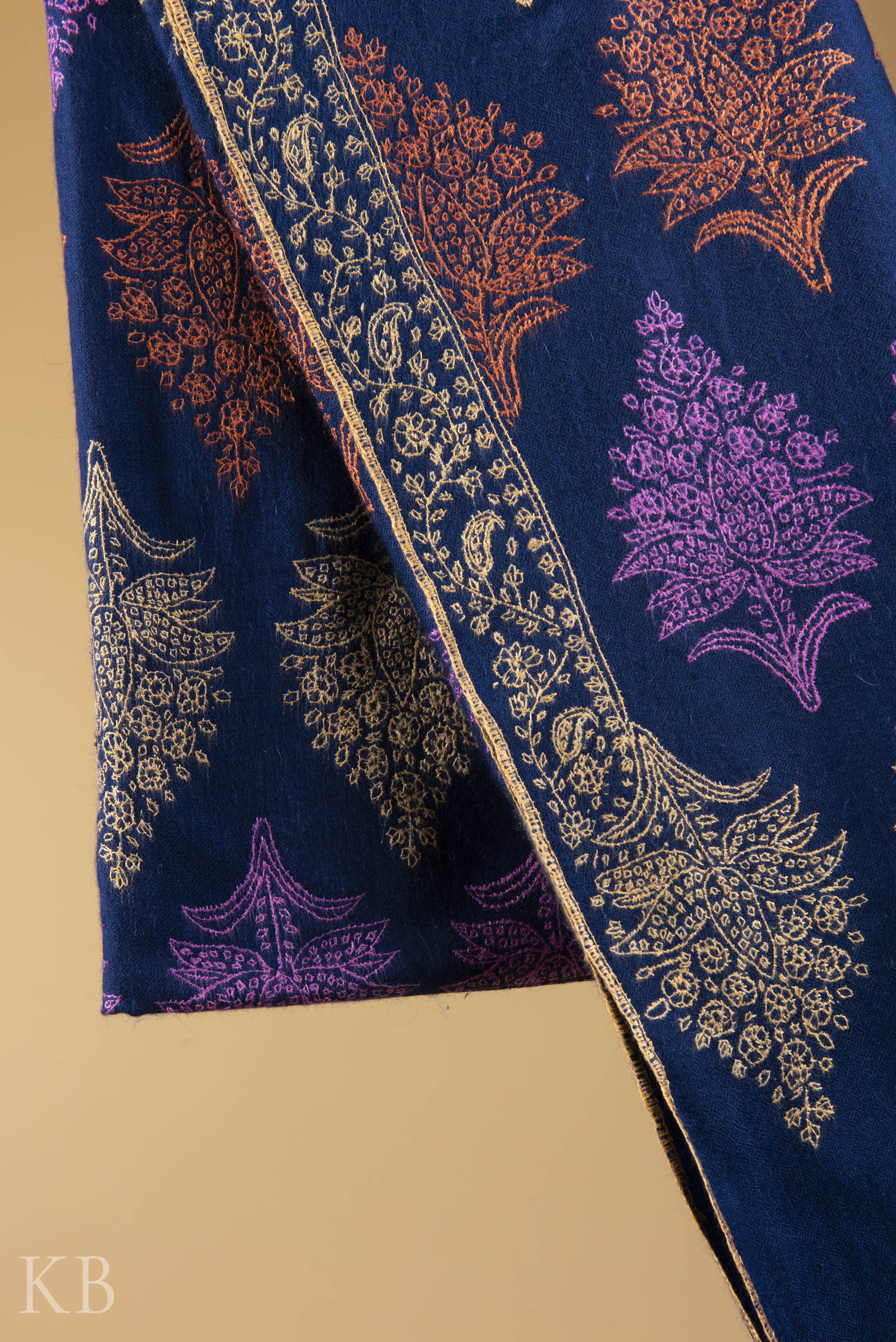 Navy Blue Sozni Embroidered Pashmina Stole - Kashmir Box