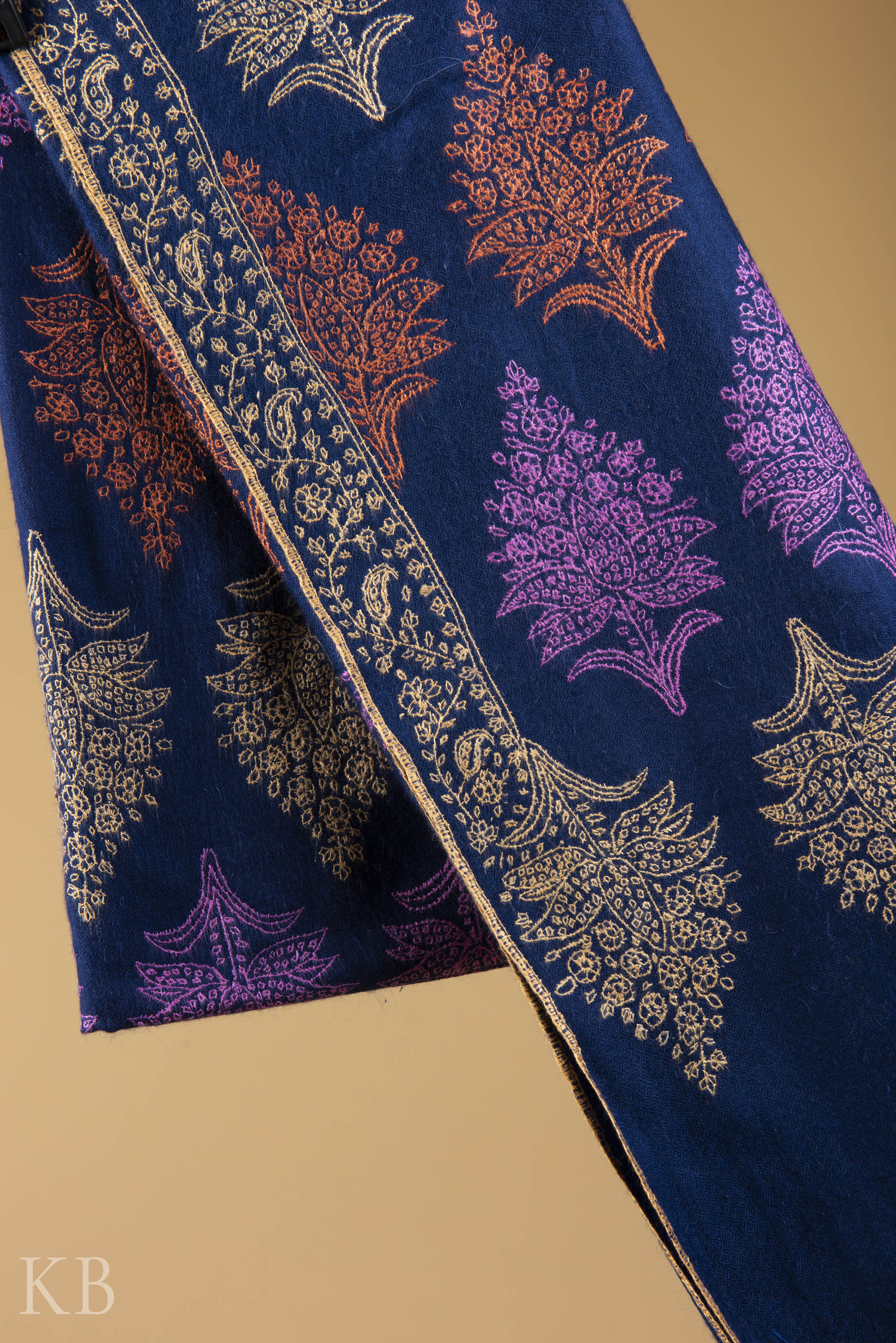 Navy Blue Sozni Embroidered Pashmina Stole - Kashmir Box