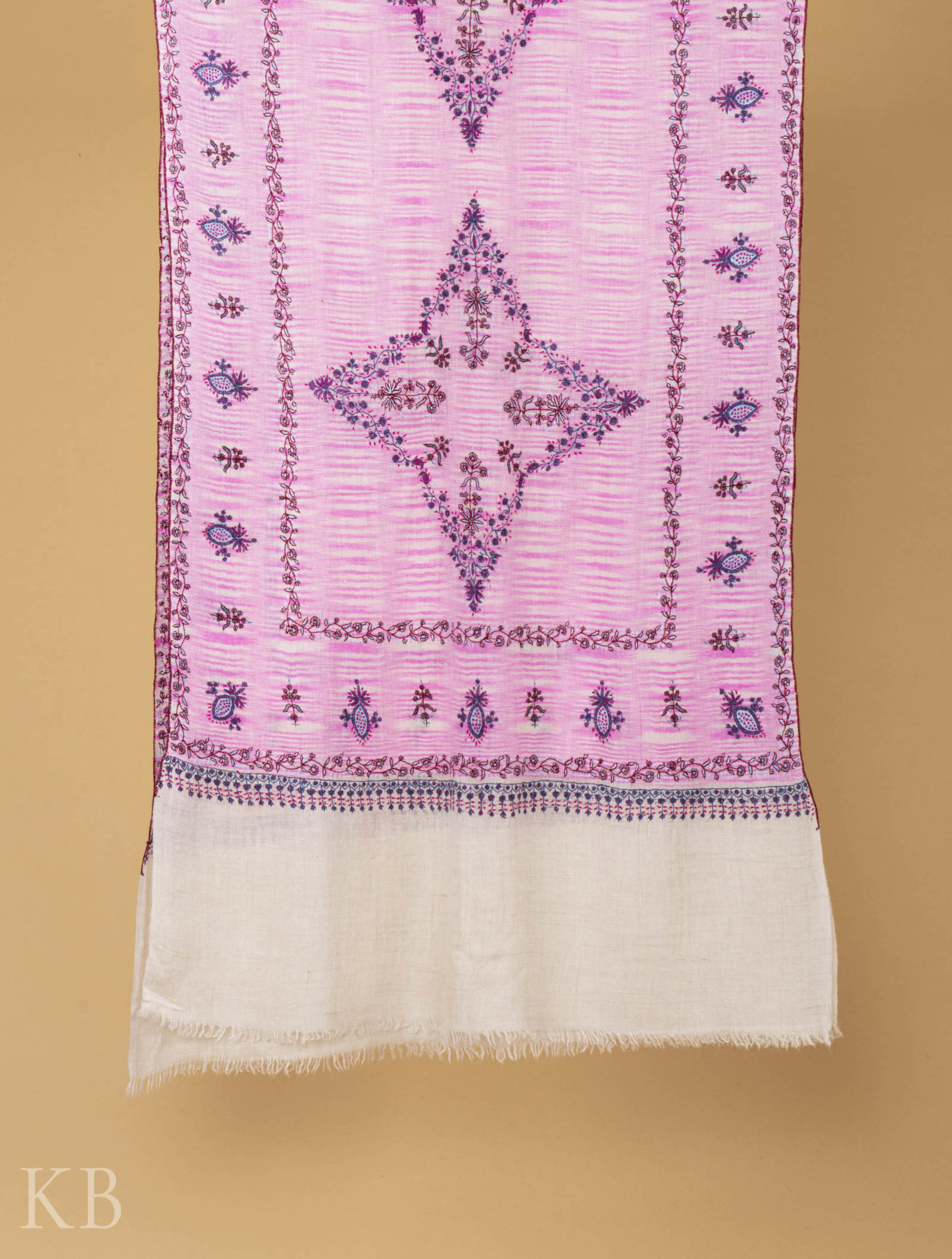 Pink And White Modern Design Embroidered Pashmina Stole - Kashmir Box