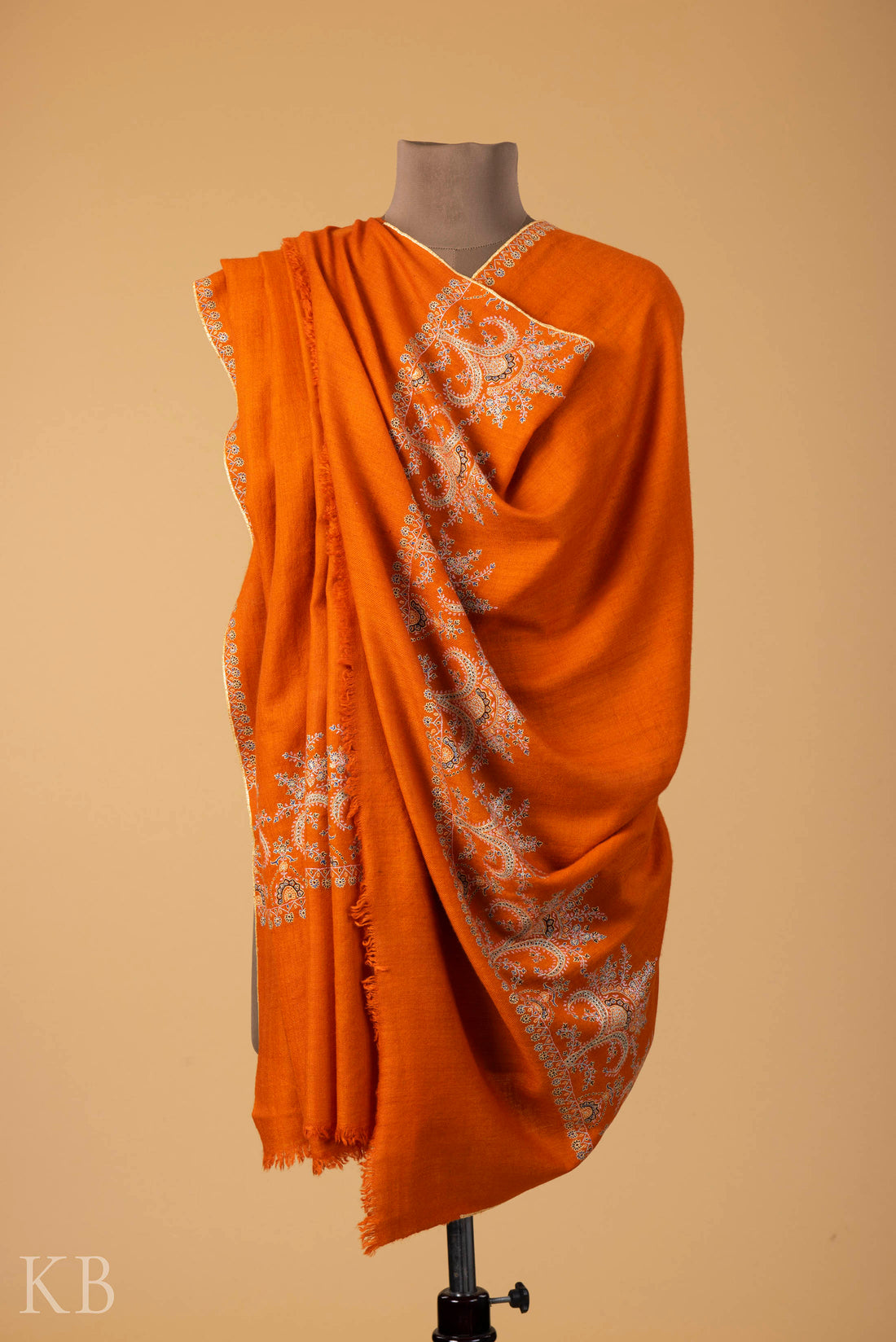 Orange Sozni Embroidered GI Pashmina Shawl - Kashmir Box