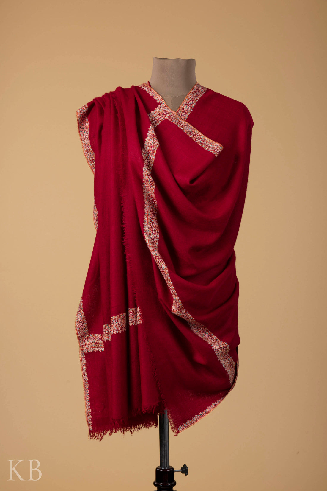 Red Sozni Embroidered GI Pashmina Shawl - Kashmir Box