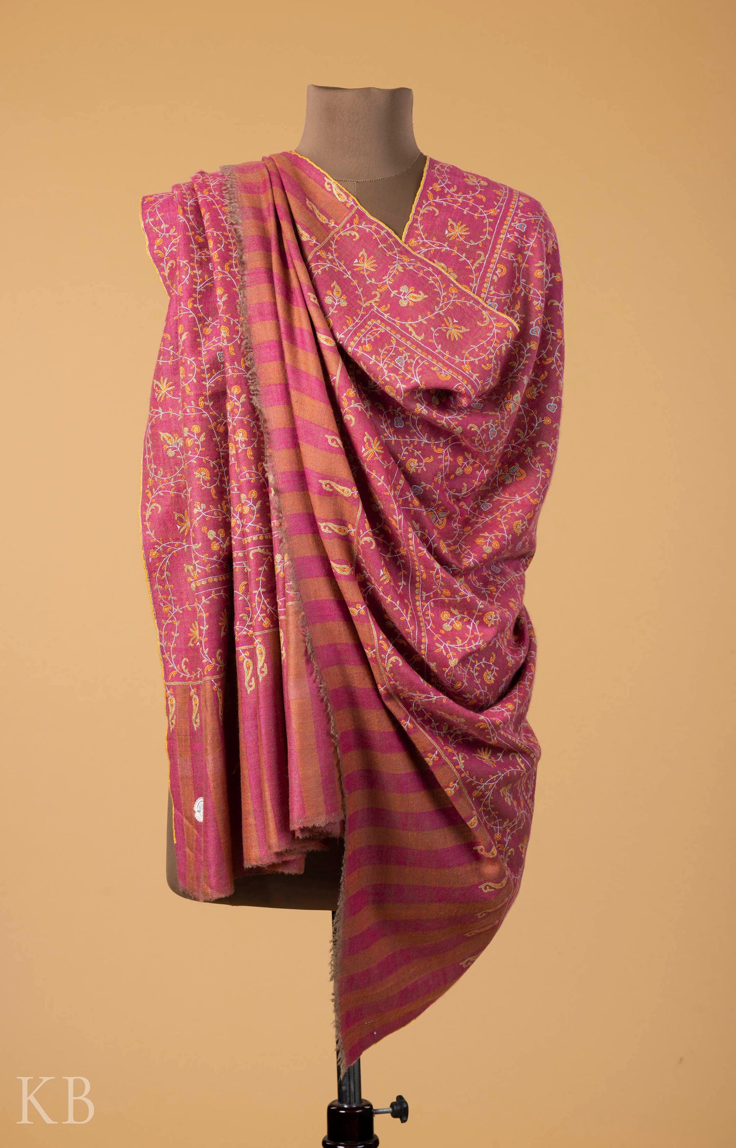 Deep Pink Jaldaar Embroidered GI Pashmina Shawl - Kashmir Box