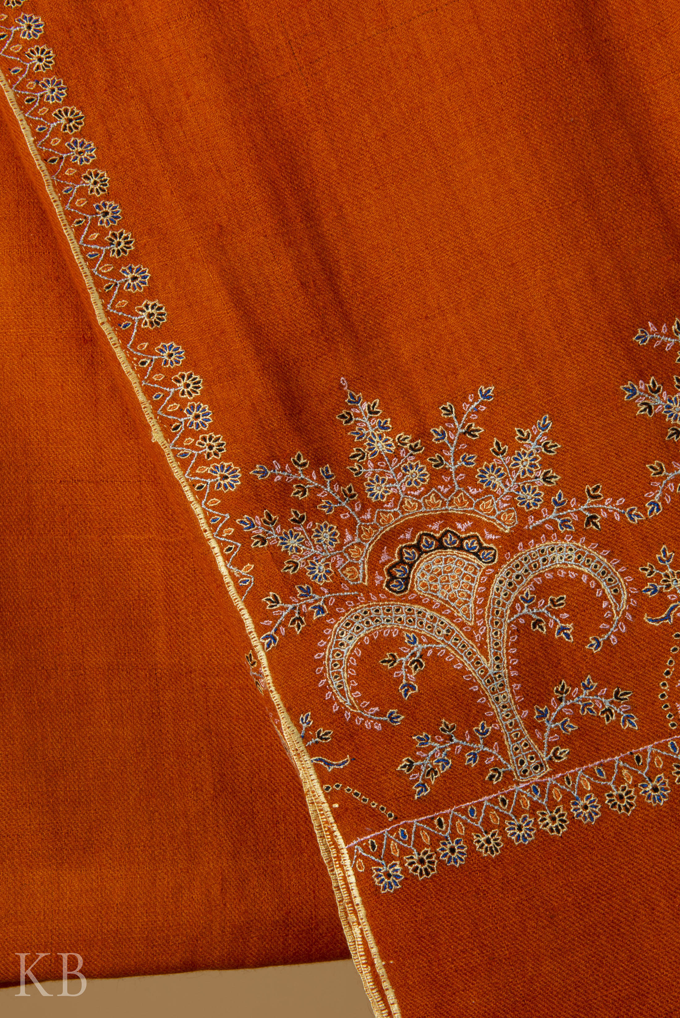 Orange Sozni Embroidered GI Pashmina Shawl - Kashmir Box