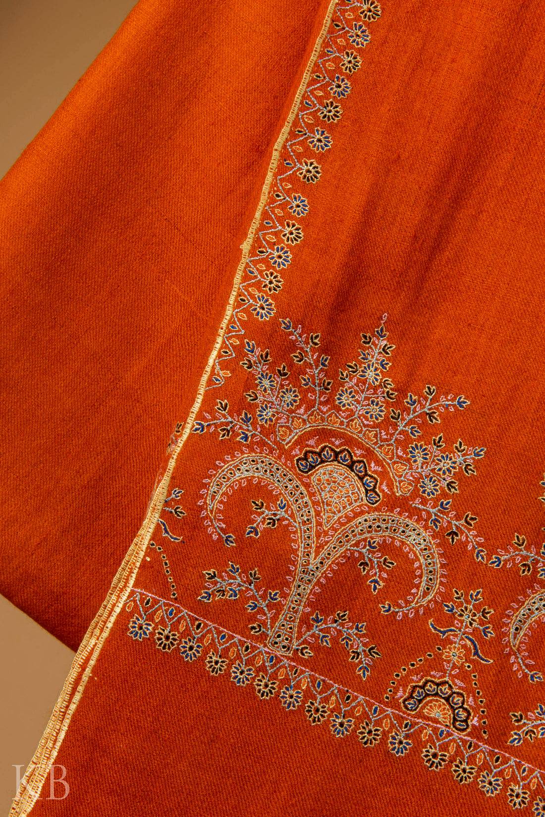 Orange Sozni Embroidered GI Pashmina Shawl - Kashmir Box