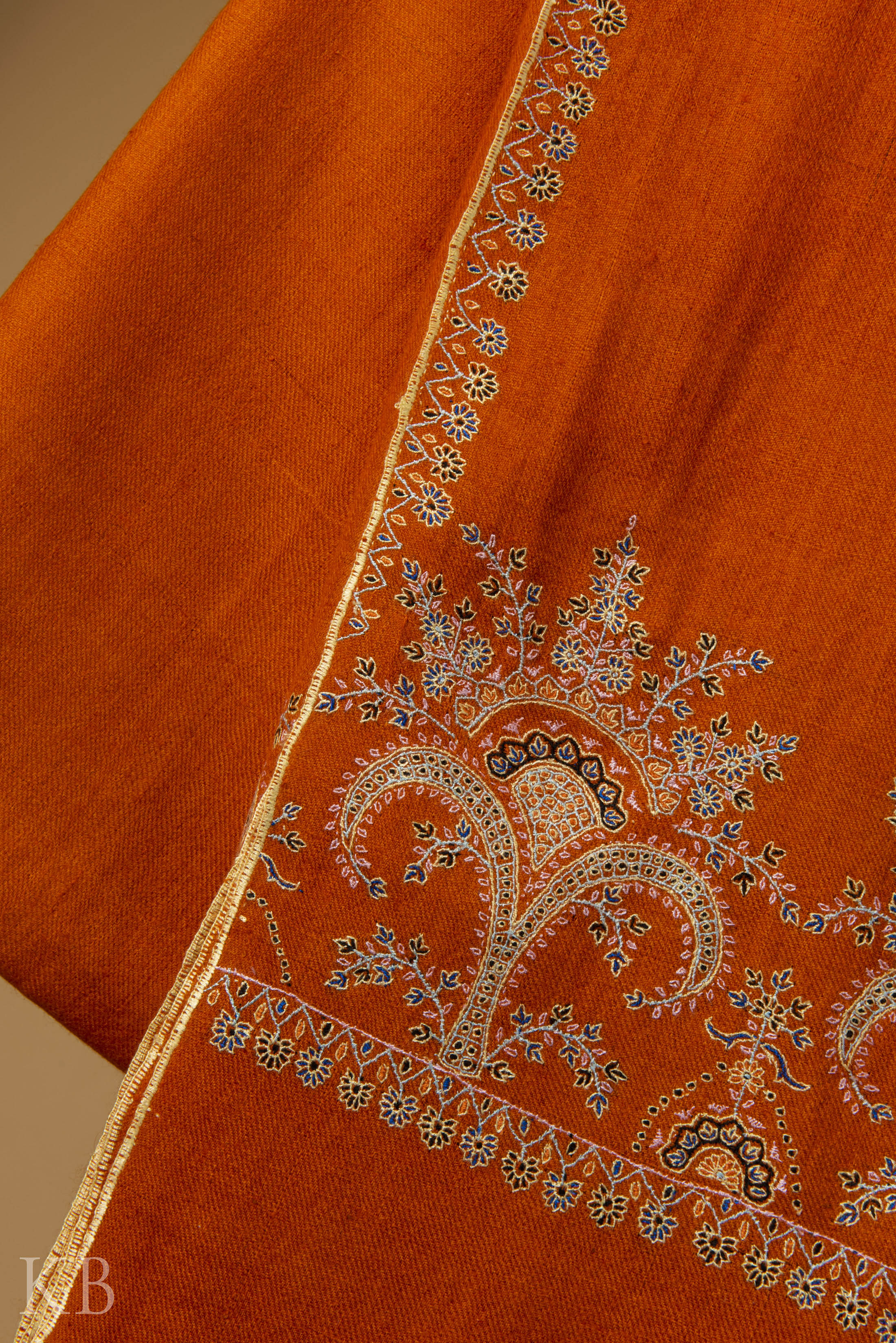 Orange Sozni Embroidered GI Pashmina Shawl - Kashmir Box