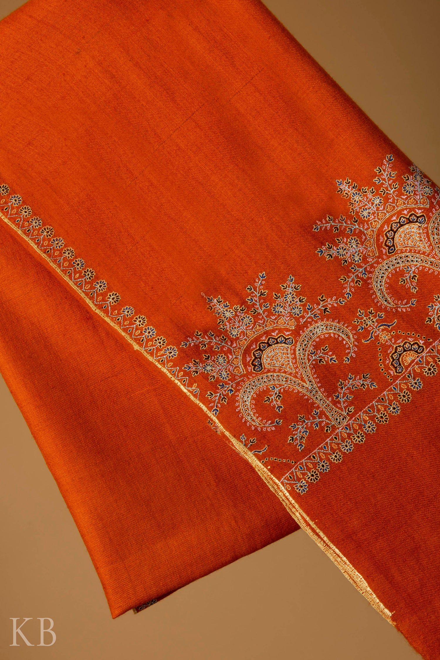 Orange Sozni Embroidered GI Pashmina Shawl - Kashmir Box