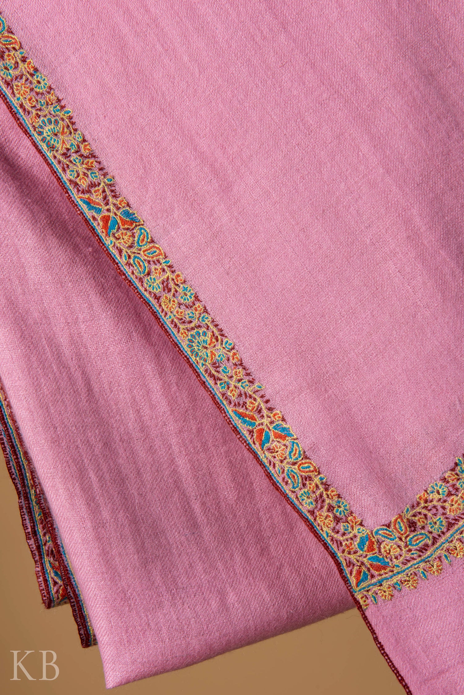 Baby Pink Sozni Embroidered GI Pashmina Shawl - Kashmir Box