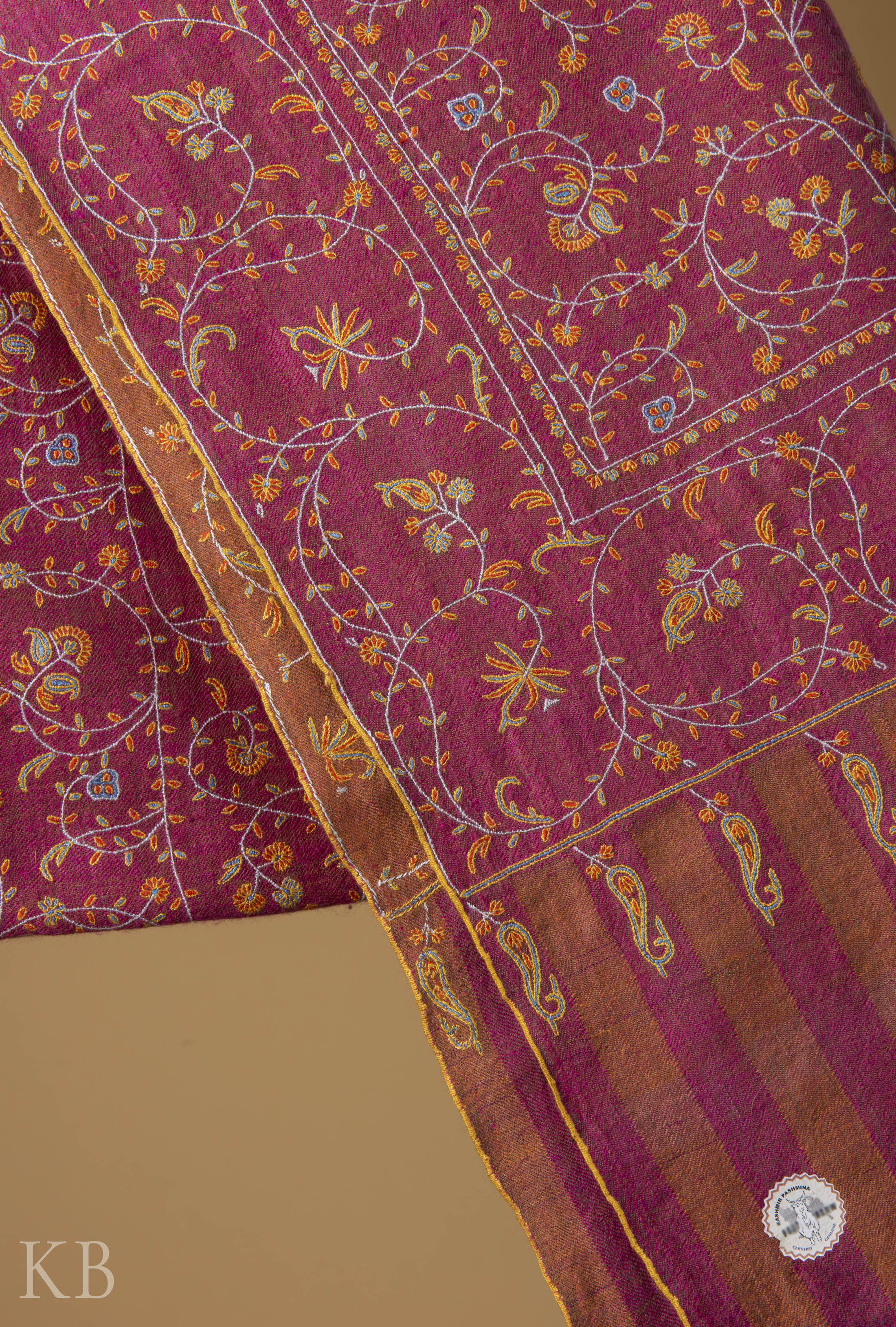 Deep Pink Jaldaar Embroidered GI Pashmina Shawl - Kashmir Box