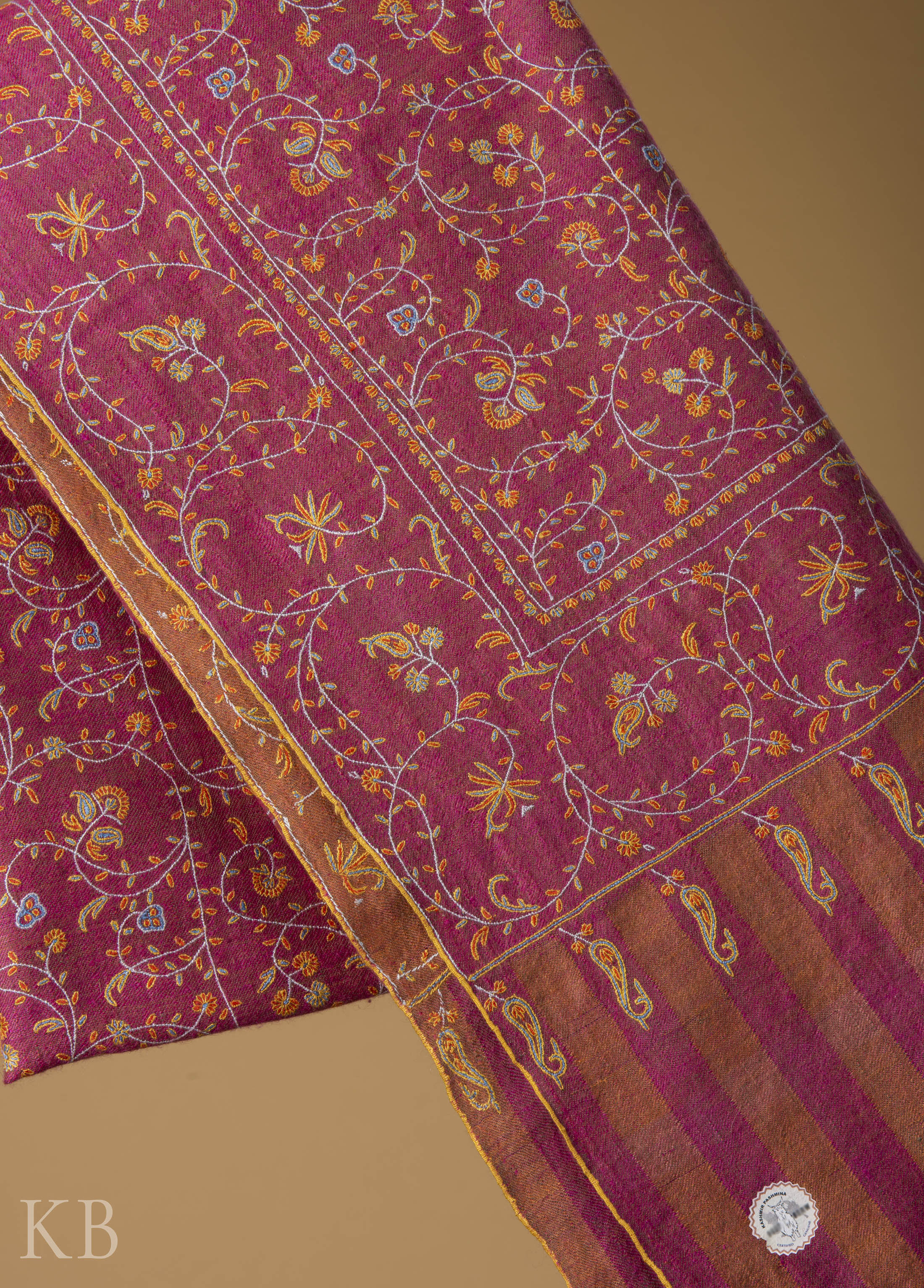 Deep Pink Jaldaar Embroidered GI Pashmina Shawl - Kashmir Box