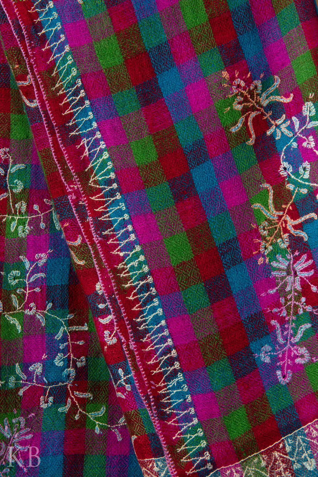 Sozni Kaari Mini Check Multicolored Pashmina Stole - Kashmir Box