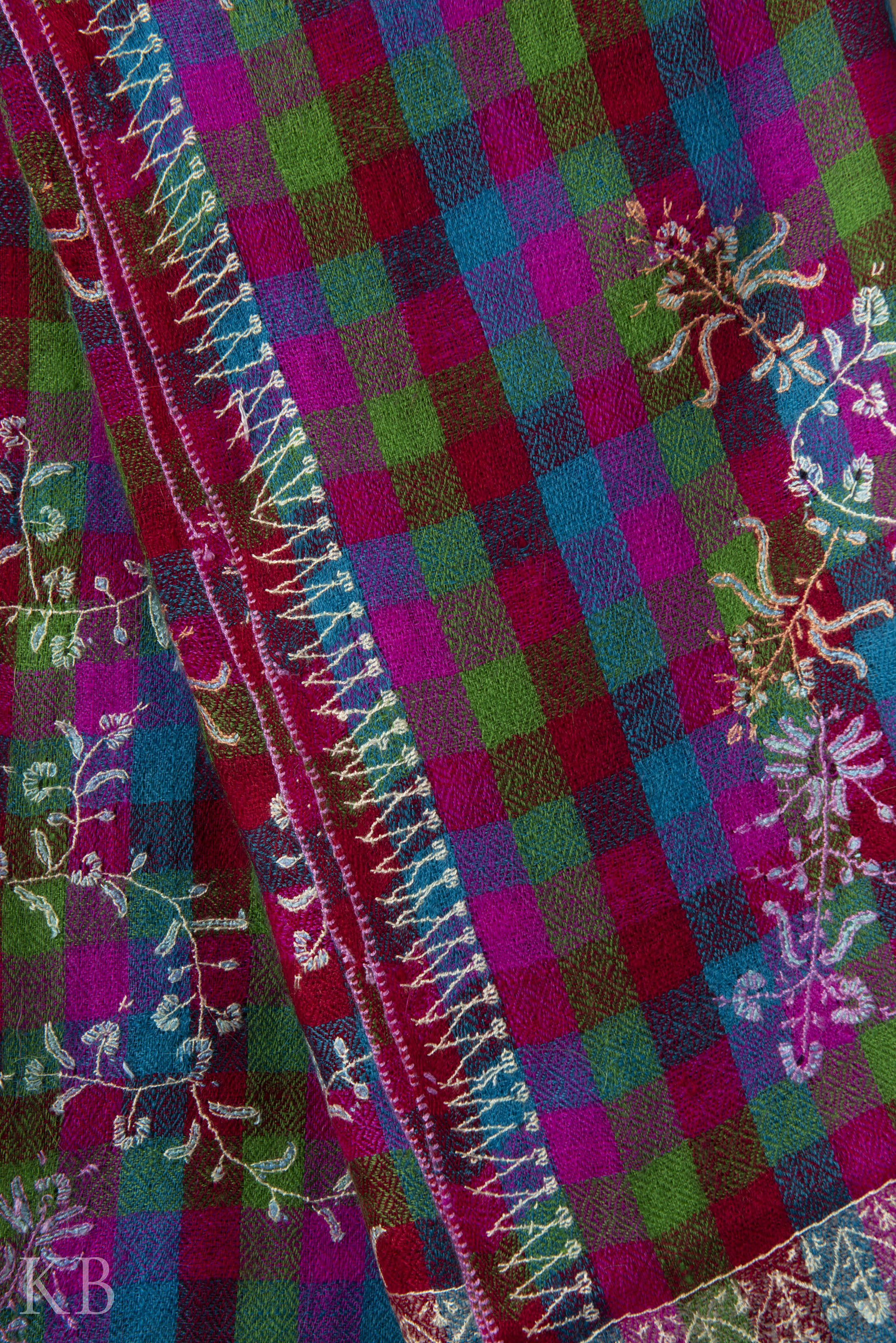 Sozni Kaari Mini Check Multicolored Pashmina Stole - Kashmir Box