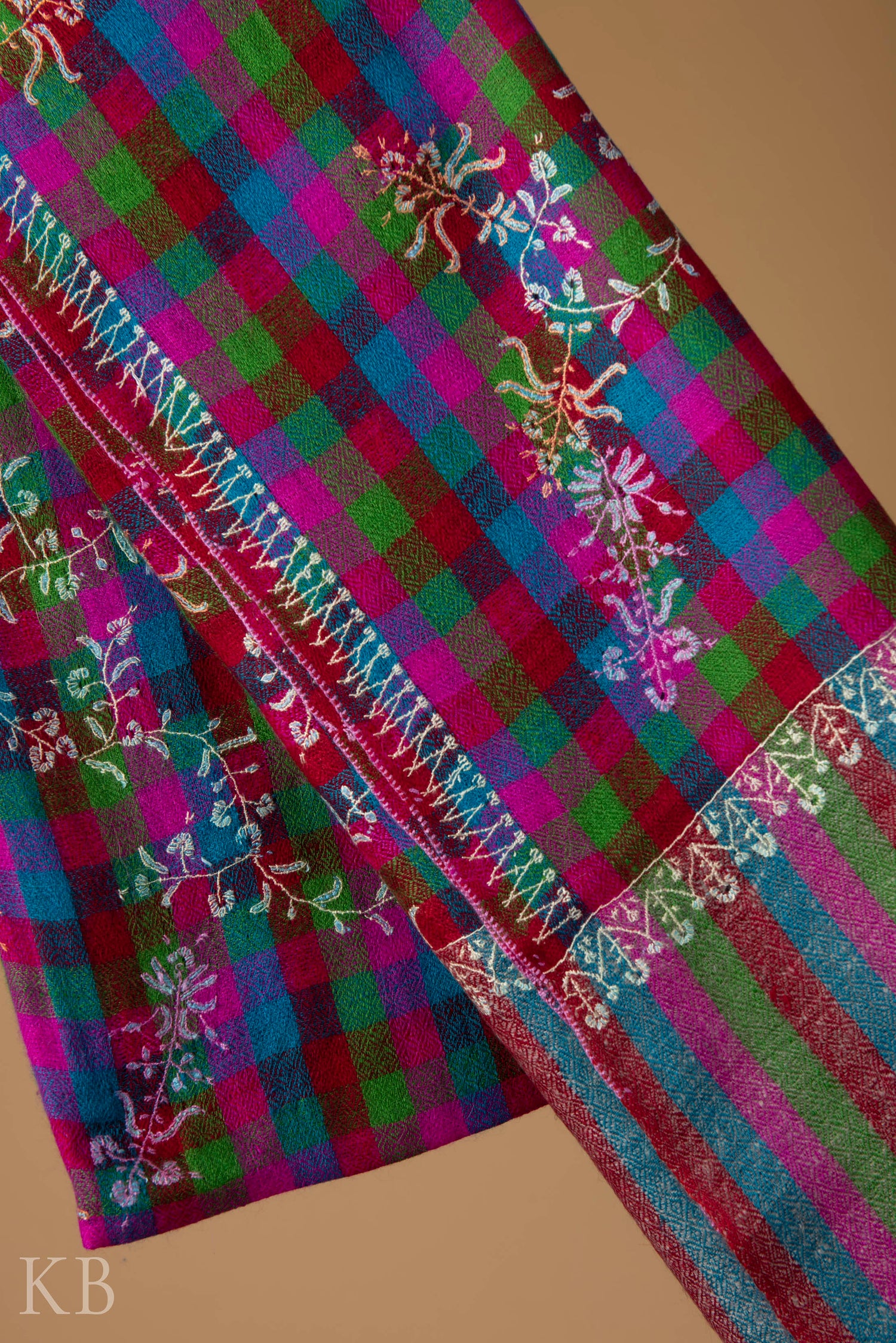 Sozni Kaari Mini Check Multicolored Pashmina Stole - Kashmir Box