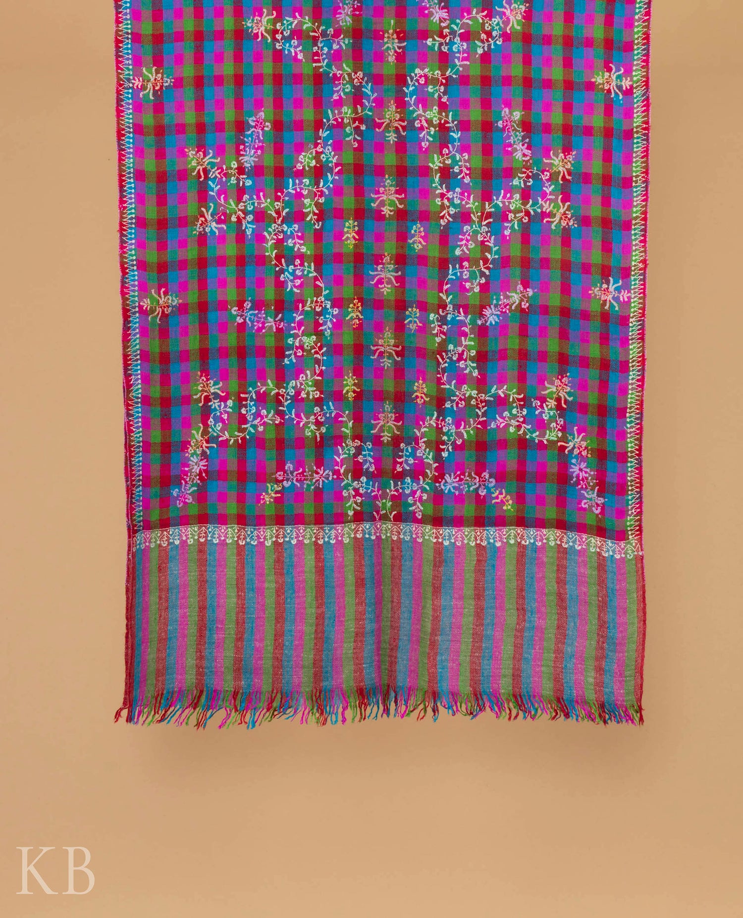 Sozni Kaari Mini Check Multicolored Pashmina Stole - Kashmir Box