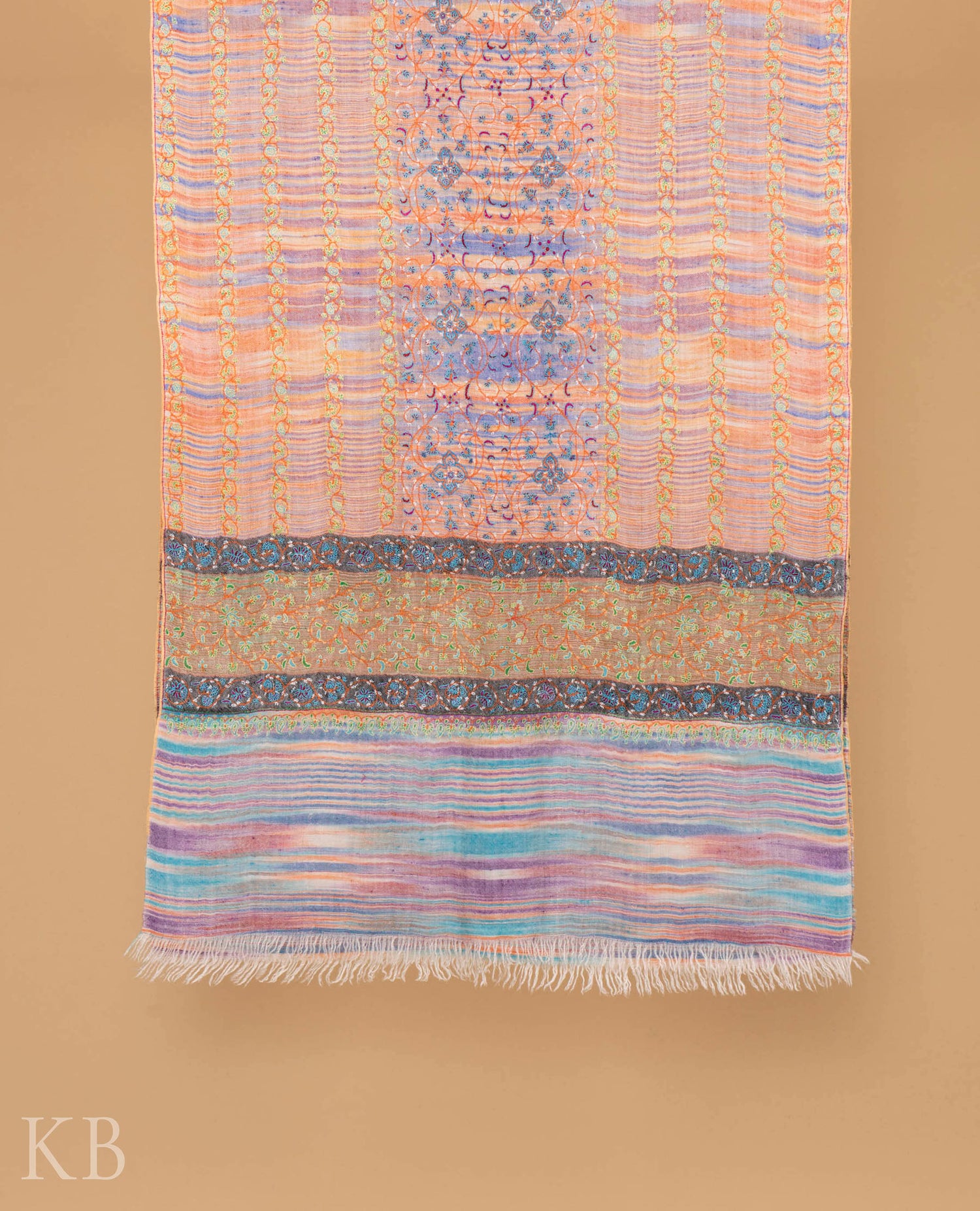 Multicolored Stripped Embroidered Pashmina Stole - Kashmir Box