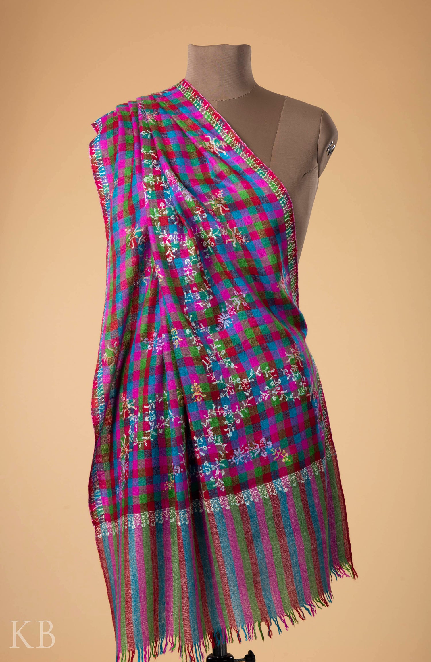 Sozni Kaari Mini Check Multicolored Pashmina Stole - Kashmir Box