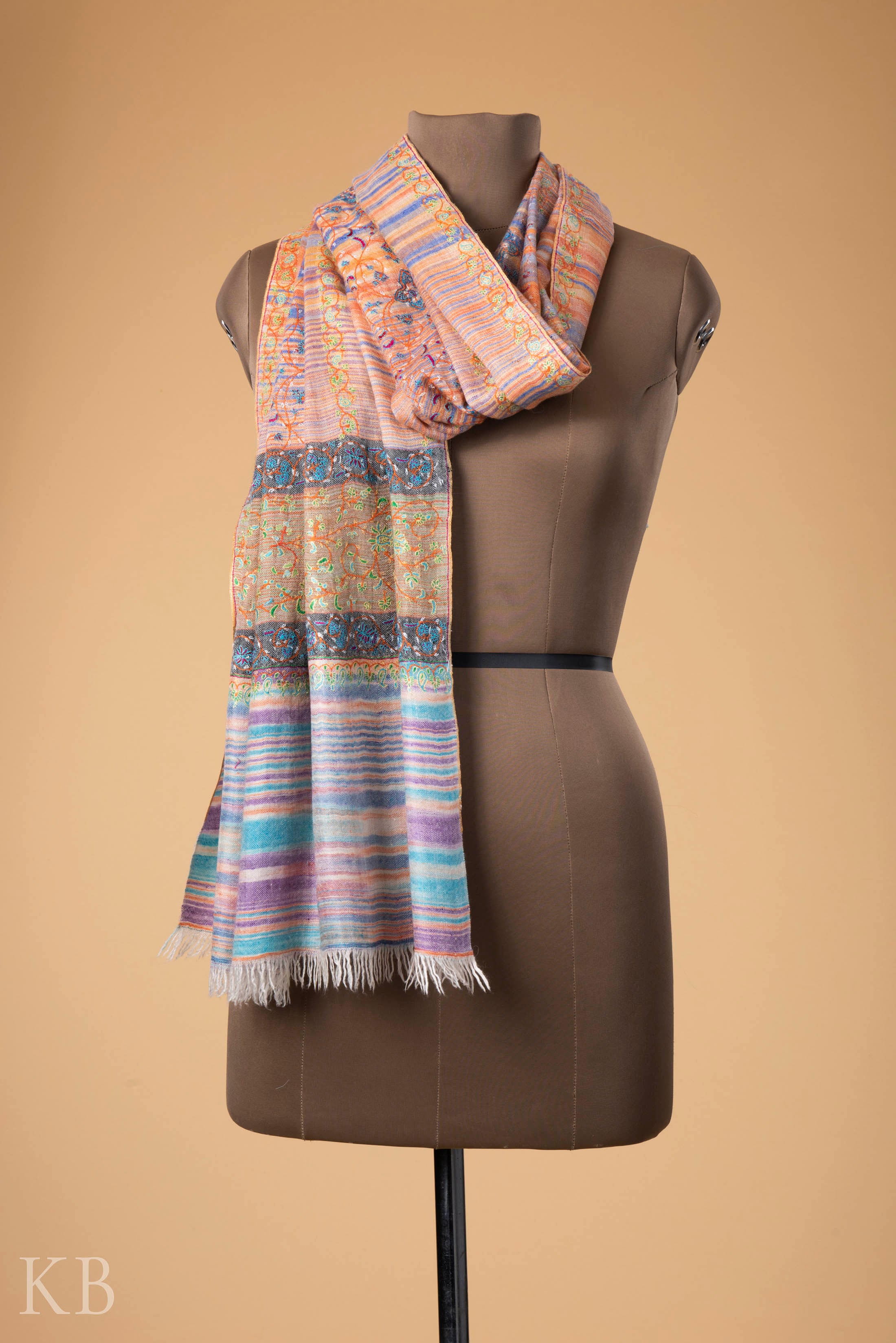 Multicolored Stripped Embroidered Pashmina Stole - Kashmir Box