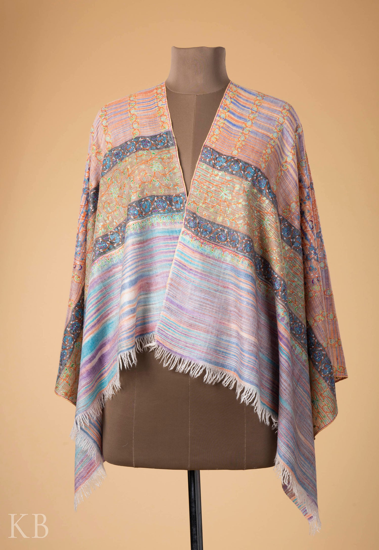 Multicolored Stripped Embroidered Pashmina Stole - Kashmir Box