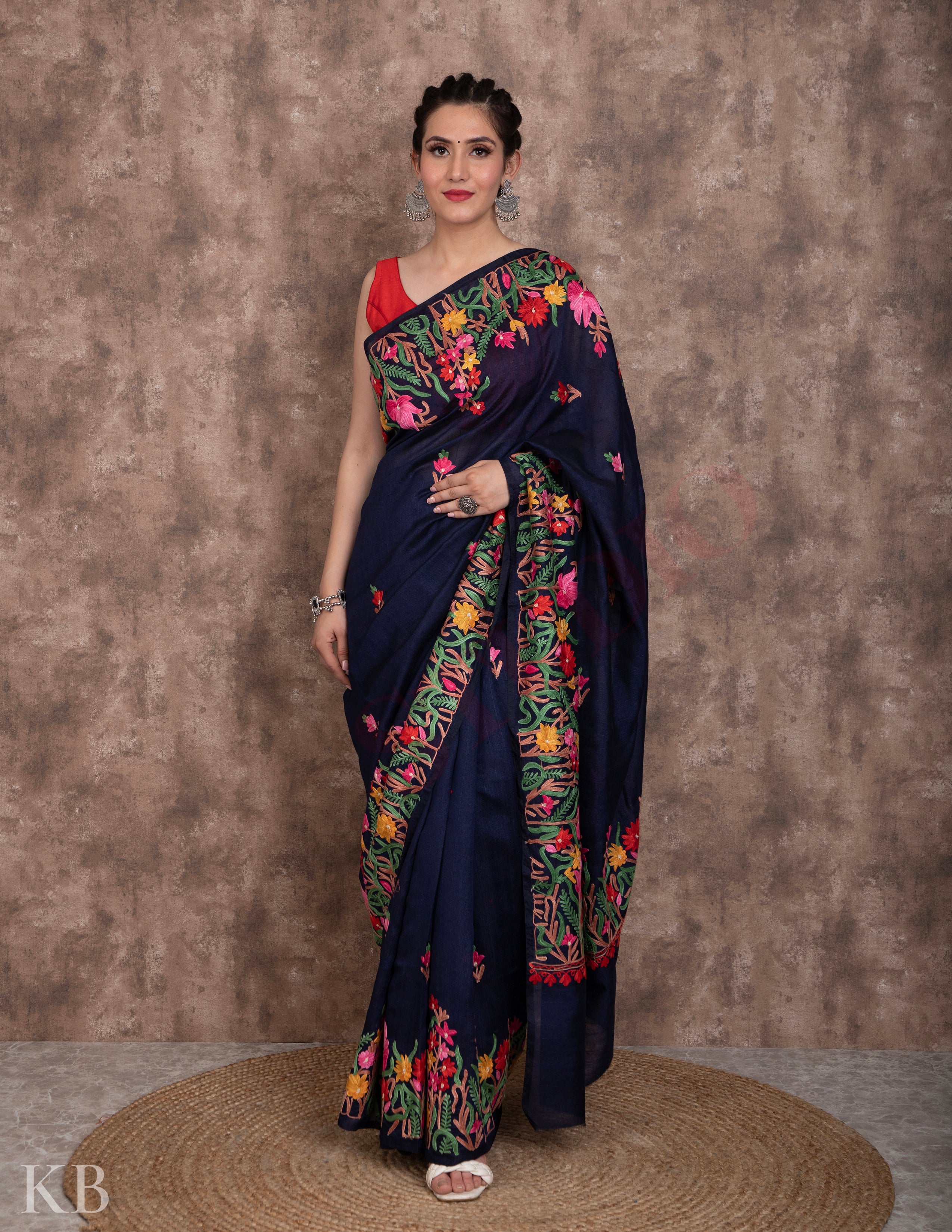 Denim Blue Aari Kari Silk Saree - Kashmir Box