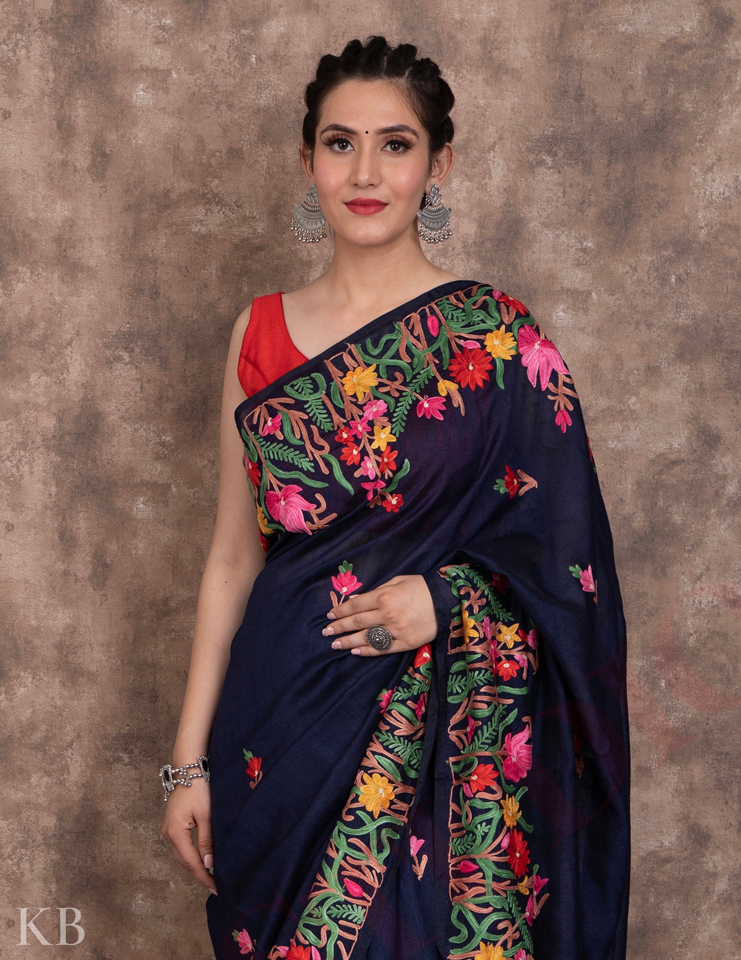 Denim Blue Aari Kari Silk Saree - Kashmir Box