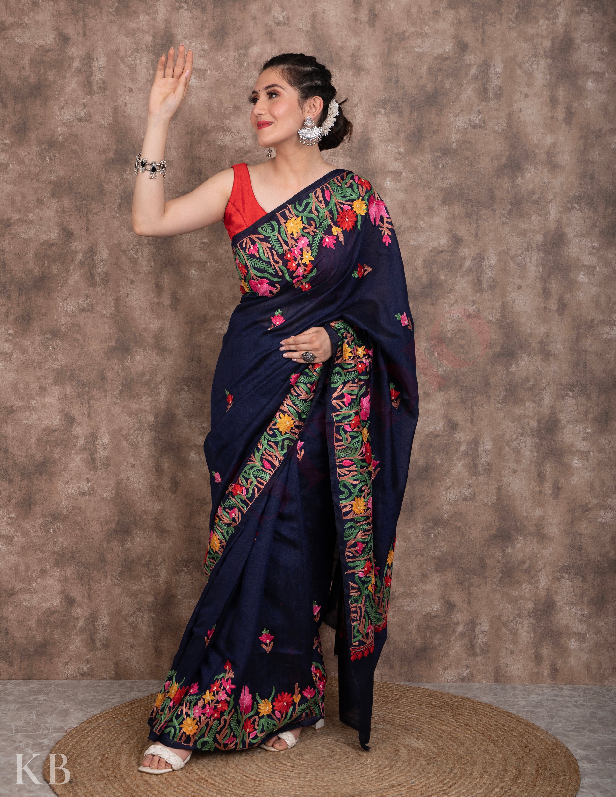 Denim Blue Aari Kari Silk Saree - Kashmir Box