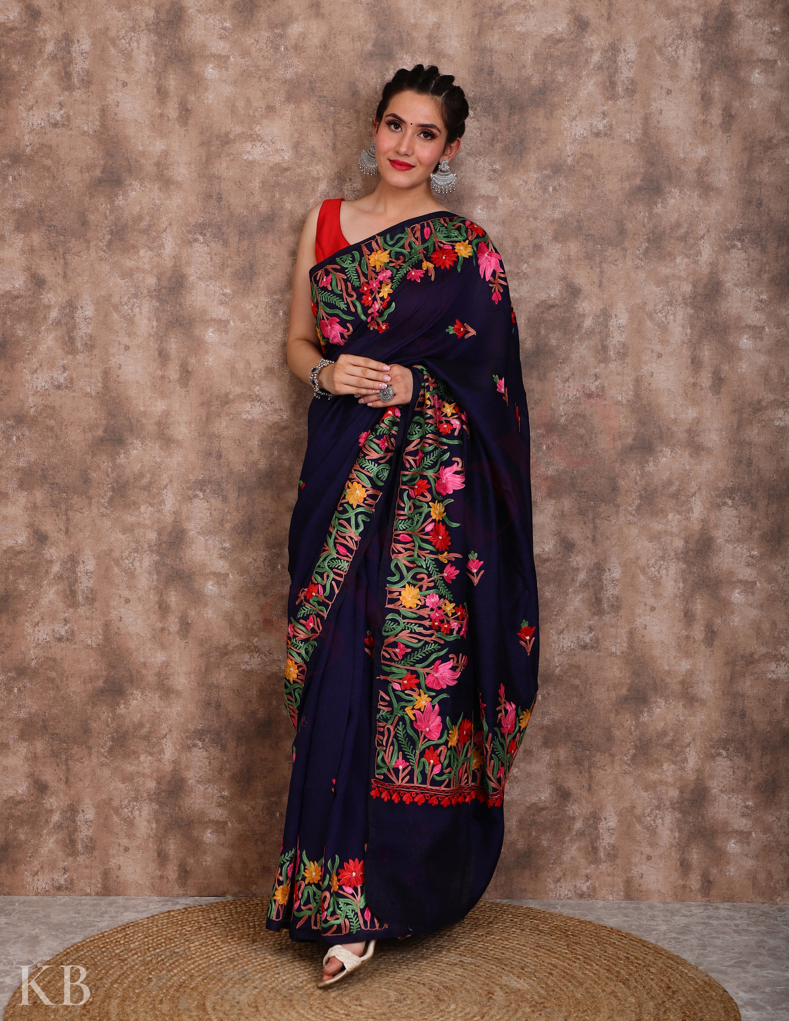 Denim Blue Aari Kari Silk Saree - Kashmir Box