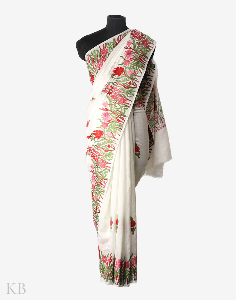 White Dove Aari Kari Silk Saree - Kashmir Box