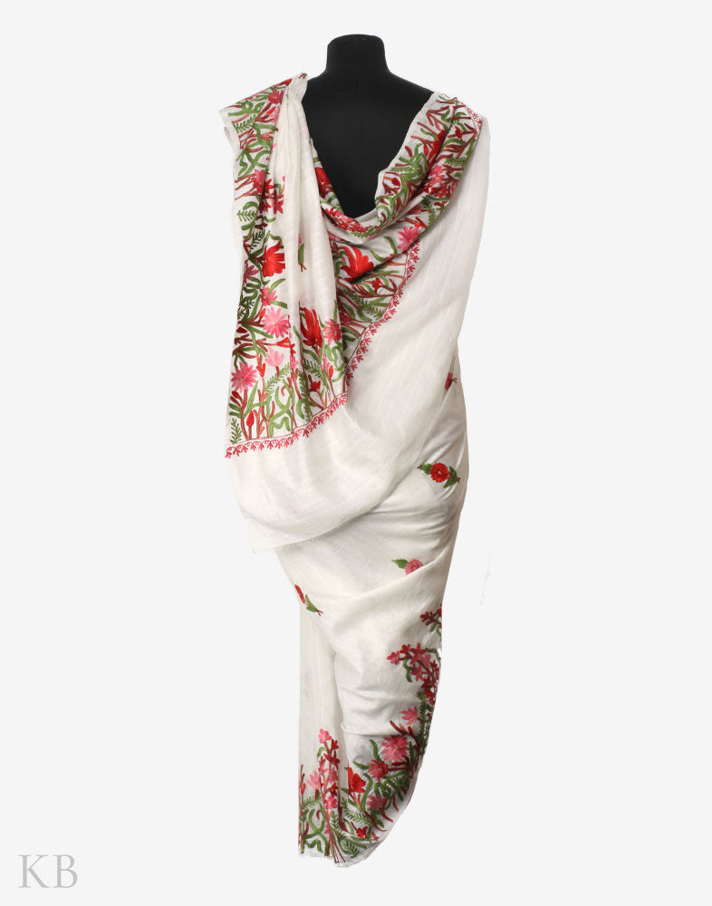 White Dove Aari Kari Silk Saree - Kashmir Box