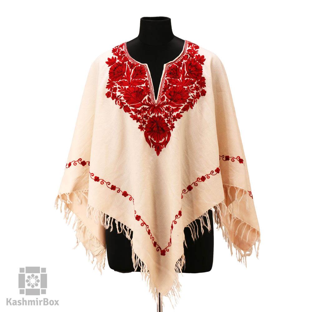 White Aari Embroidered Poncho - Kashmir Box