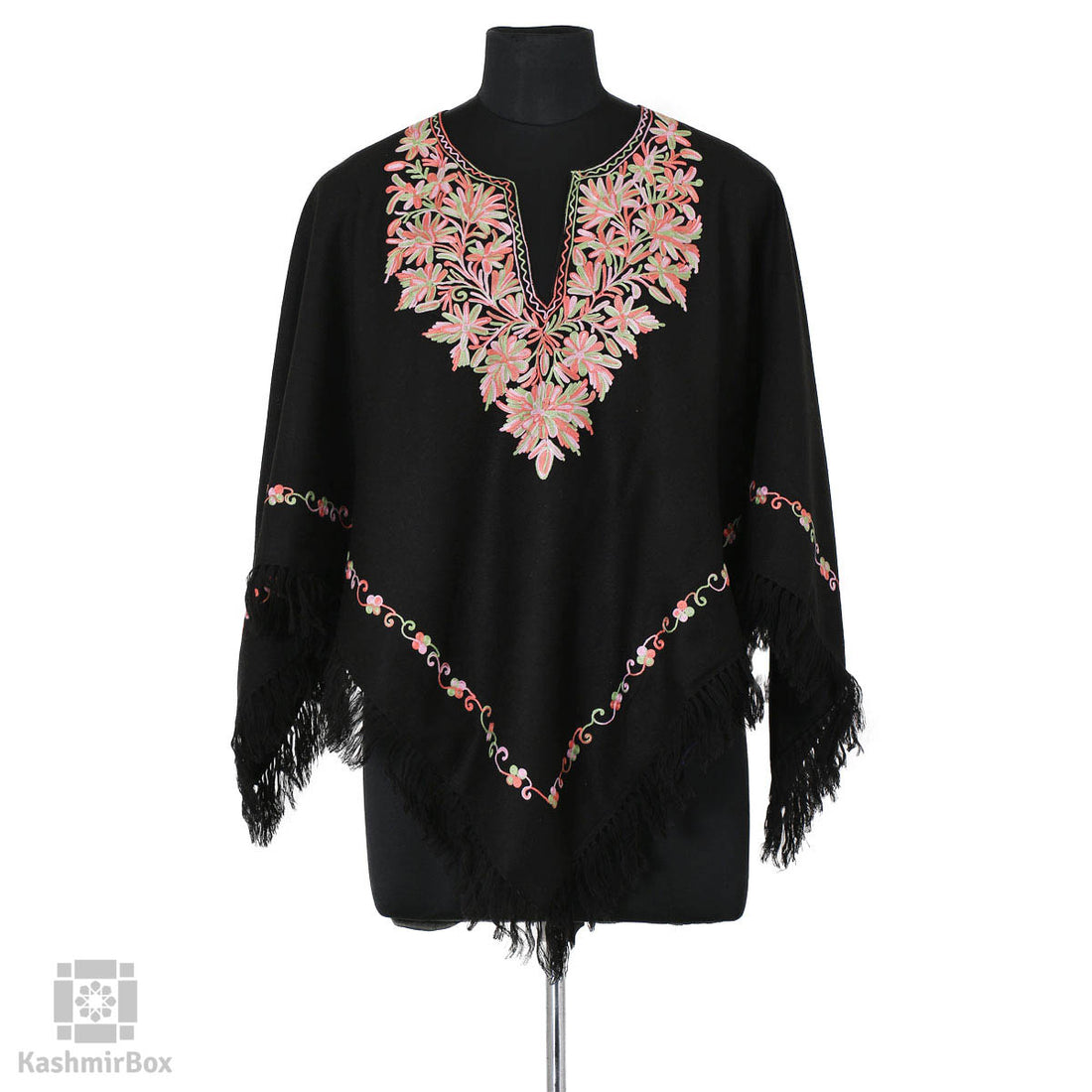 Black Lotus Embroidered Wool Poncho - Kashmir Box