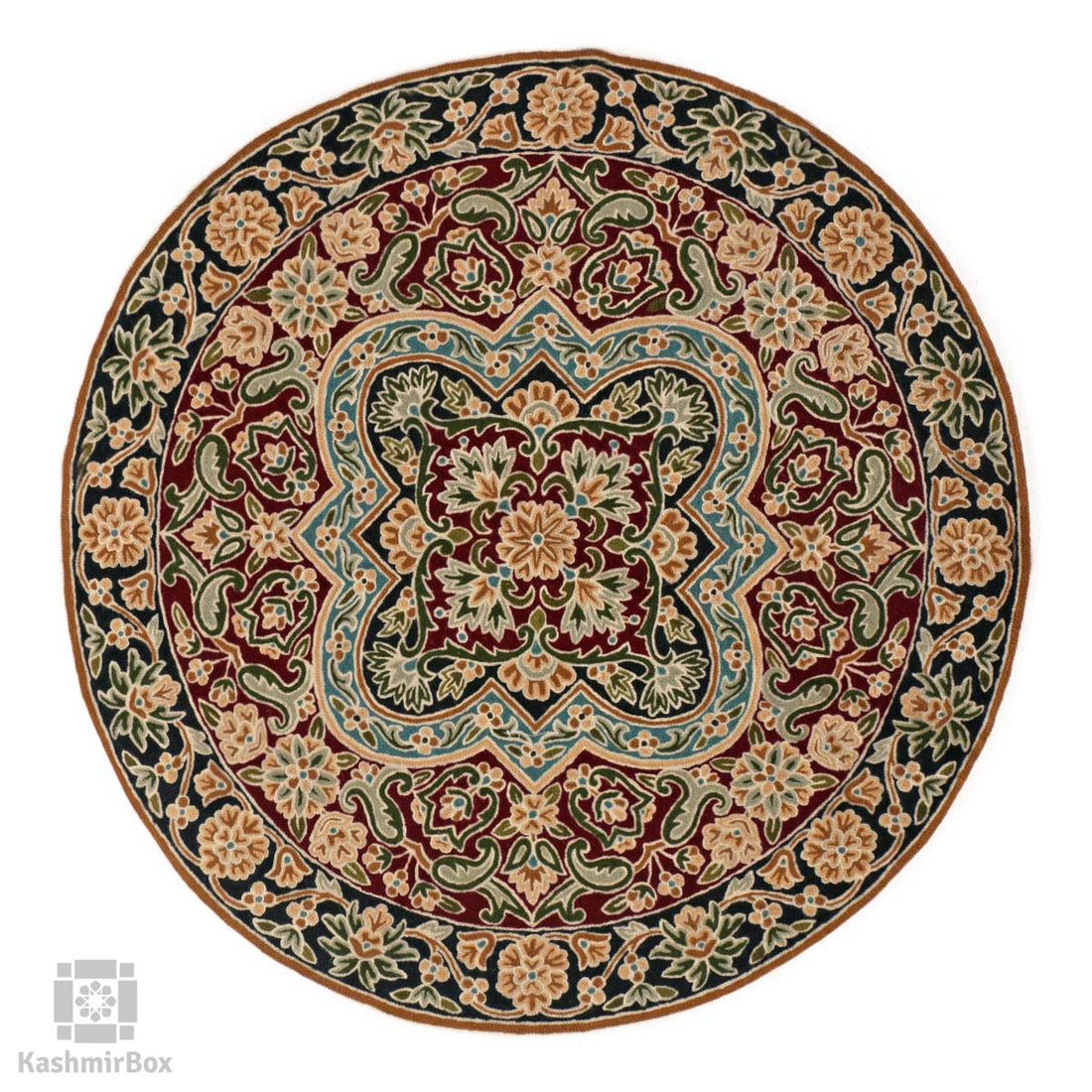 Navy Blue Floral Vine Chainstitch Round Handmade Rug - KashmirBox.com