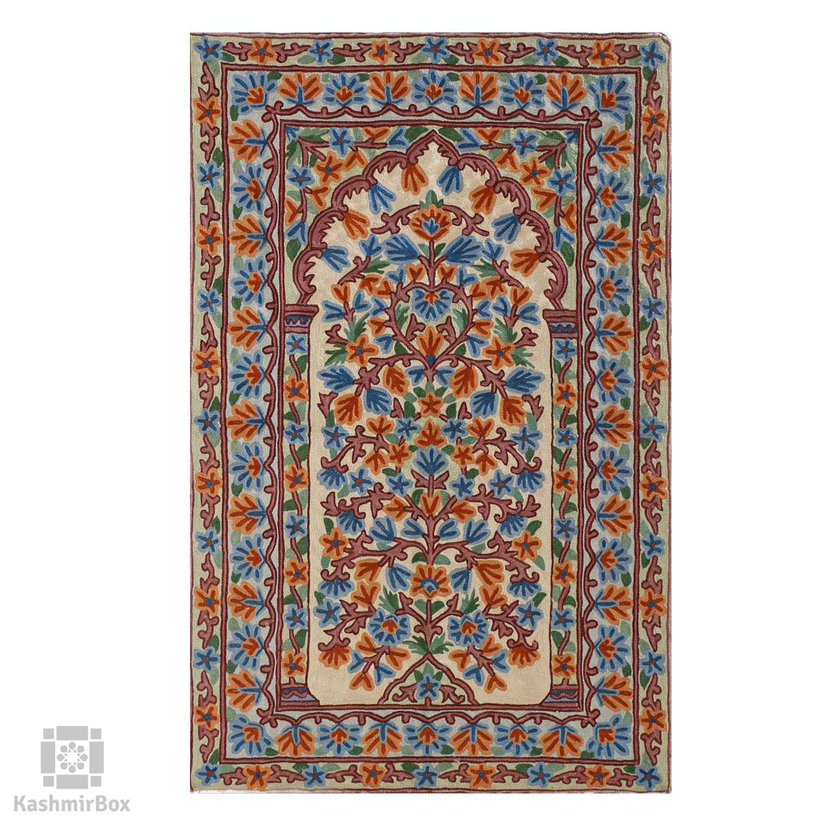 Cream Silken Chainstitch Handmade Prayer Rug - KashmirBox.com