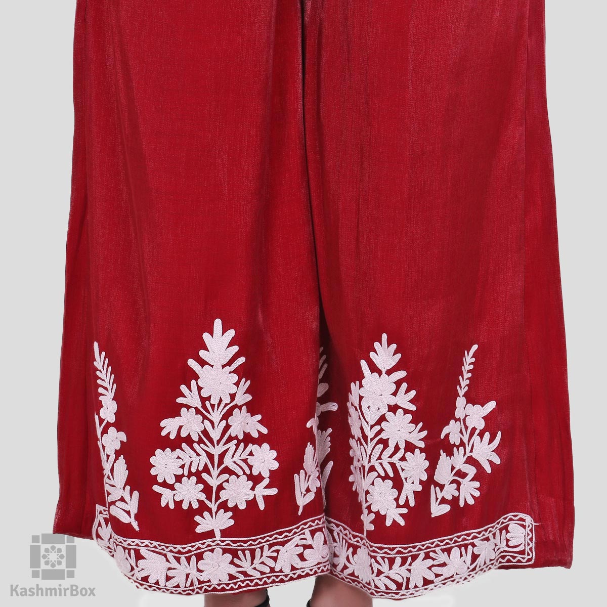 Silk velvet palazzo pants in dark red by designer label Nancy Mac:  comfortable and stylish palazzos for elegant relaxation and smart events -  CountryClubuk