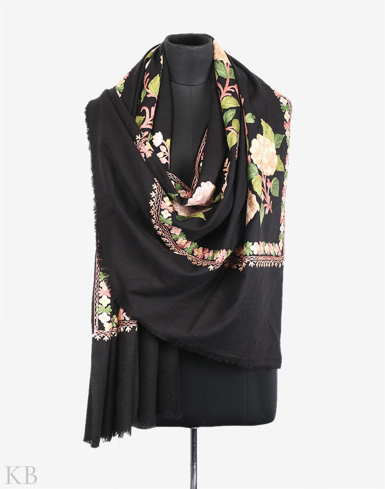 Pitch Black Aari Work Cashmilon Shawl - Kashmir Box