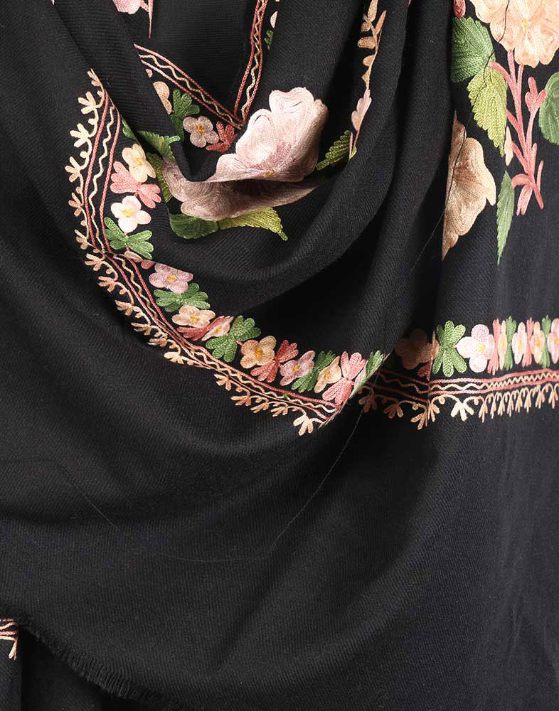 Pitch Black Aari Work Cashmilon Shawl - Kashmir Box