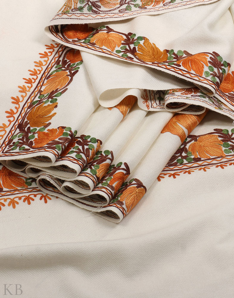 White Chinar Aari Work Cashmilon Shawl - Kashmir Box