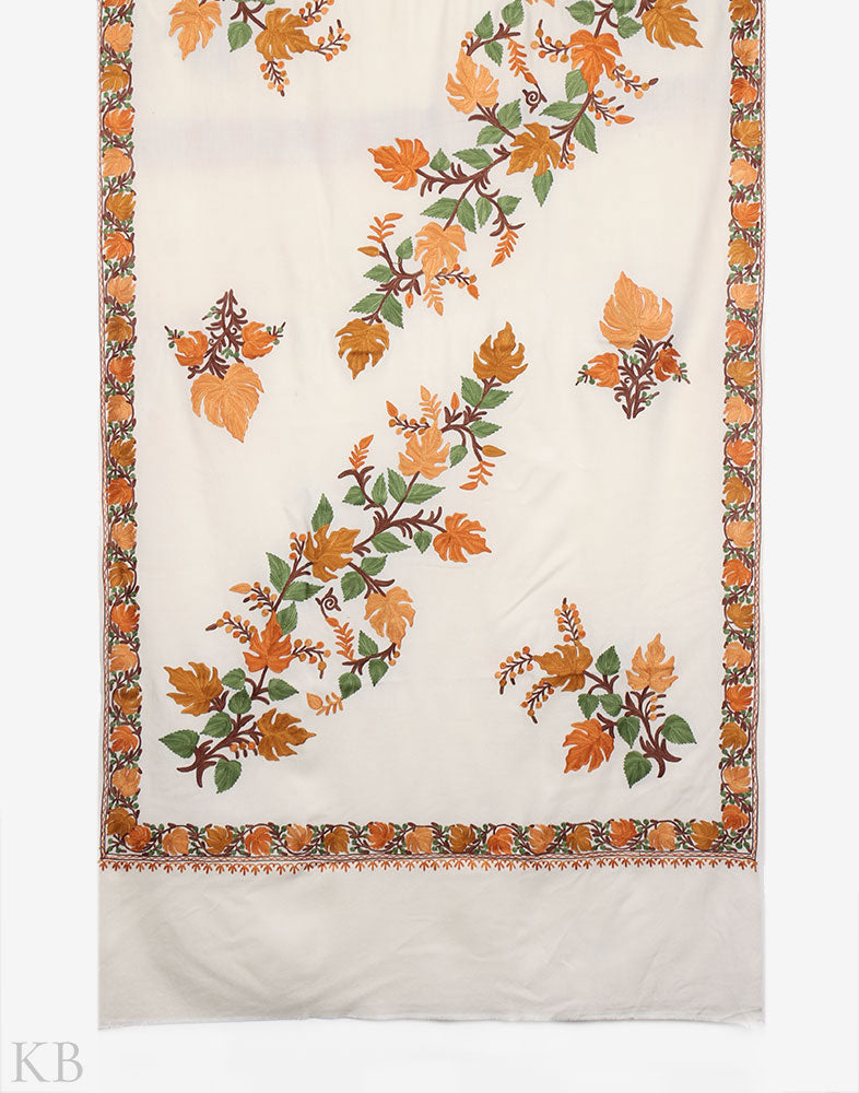 White Chinar Aari Work Cashmilon Shawl - Kashmir Box