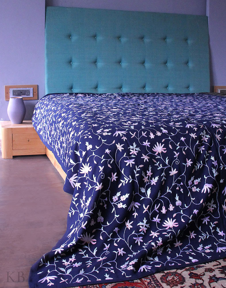 Indigo Blue Hand Embroidered Woolen Bed Spread - Kashmir Box