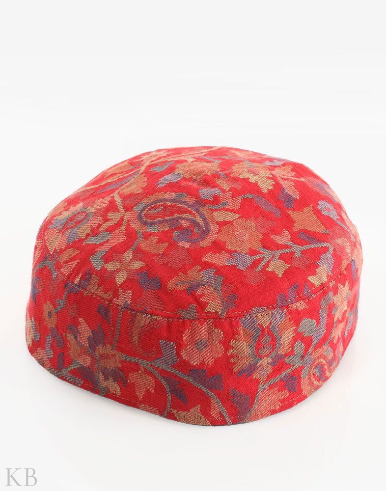 Red Kani Print Woolen Cap - Kashmir Box